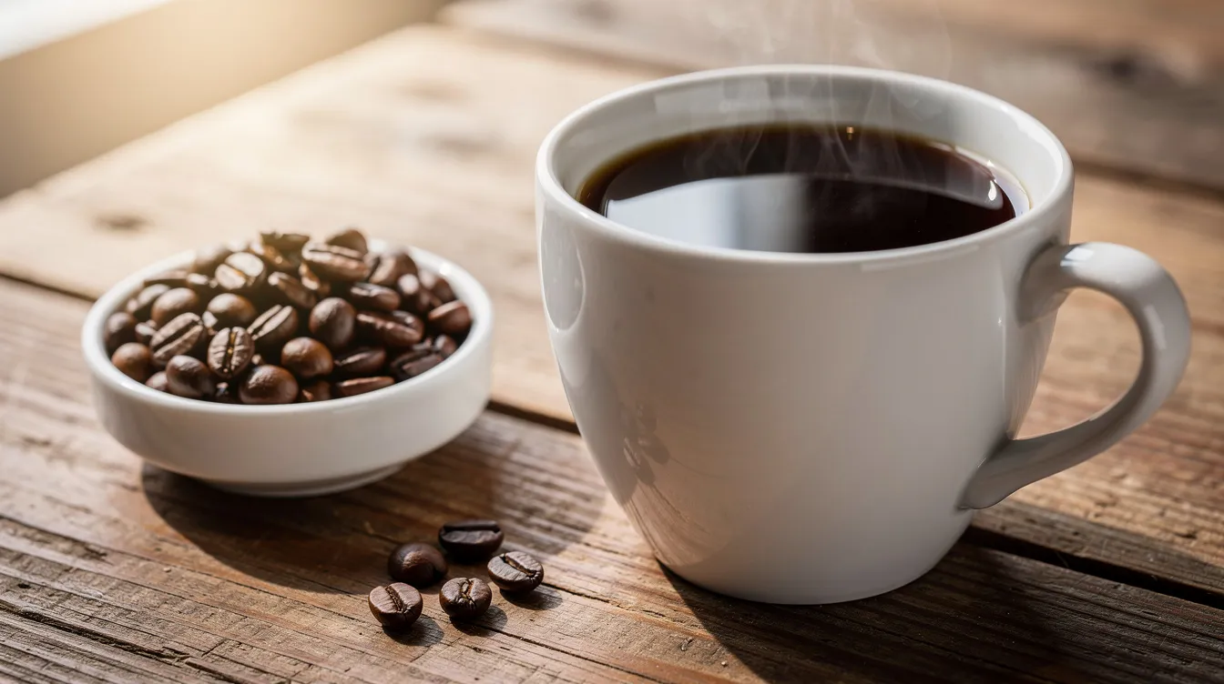 A white ceramic coffee cup filled with dark black coffee sits on a wooden table, accompanied by a small bowl of roasted coffee beans, highlighting the rich aroma and flavor profile associated with specialty coffee. This inviting scene captures the essence of enjoying a warm beverage, perfect for breakfast or a cozy afternoon break.
