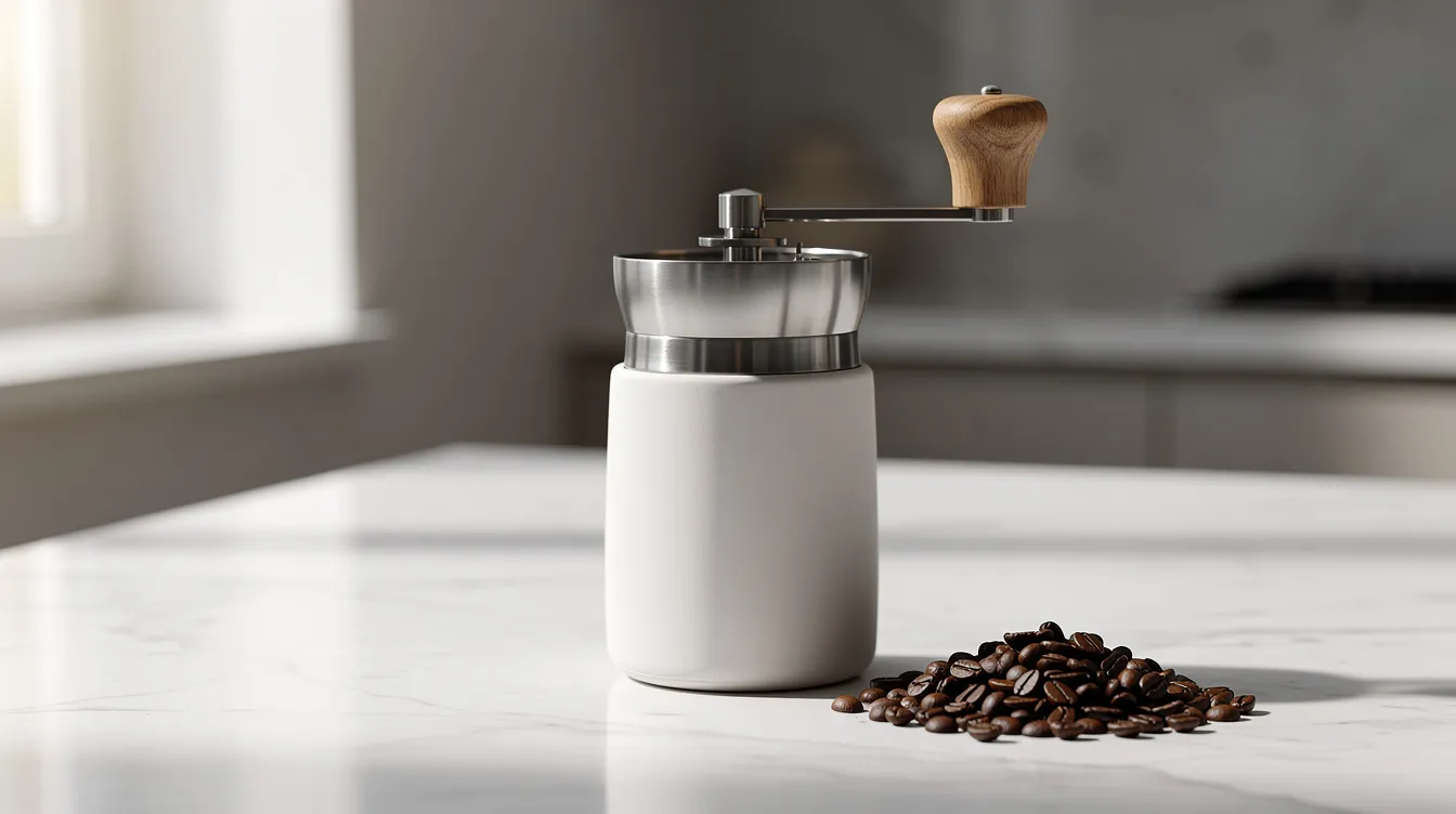 A ceramic coffee grinder sits elegantly next to a small pile of whole coffee beans on a polished marble countertop, highlighting the essential tools for coffee lovers seeking to brew the perfect cup. The scene captures the essence of the coffee world, inviting enthusiasts to explore the flavors and aromas of freshly ground coffee.