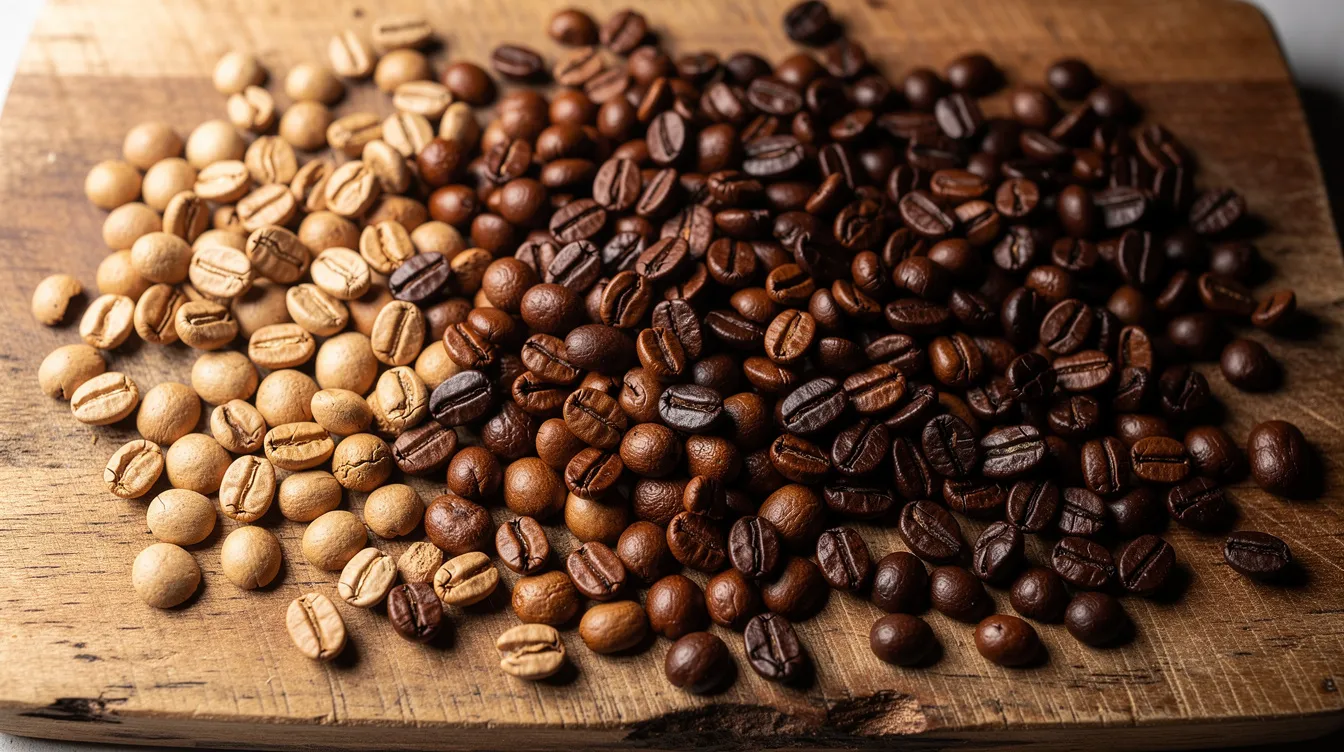 A wooden cutting board displays an assortment of whole coffee beans, showcasing various roast levels from light tan to deep brown, highlighting the diversity of flavors and aromas in coffee. This visual representation reflects the journey of roasted coffee, with light roasts offering fruity notes and dark roasts providing a rich, smoky flavor.