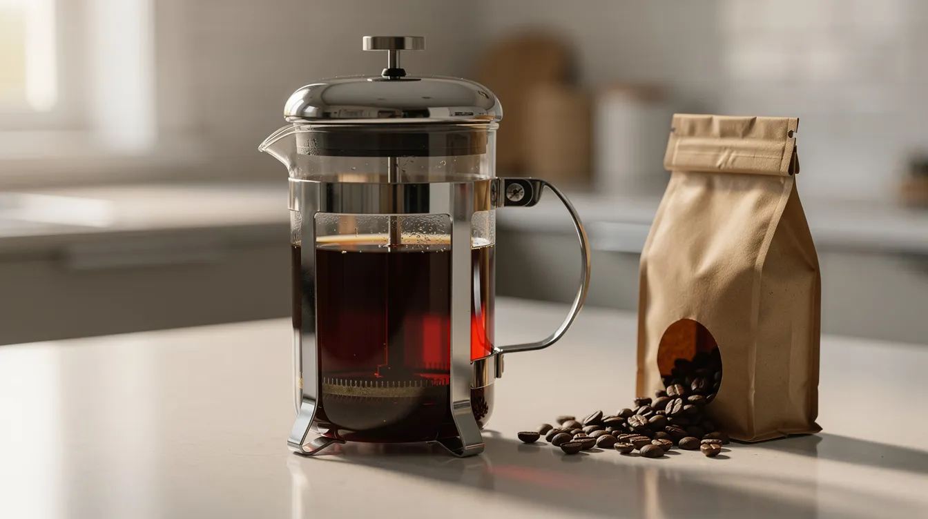 A glass French press filled with dark coffee sits on a kitchen counter next to a small bag of whole coffee beans, inviting coffee drinkers to explore the smooth taste of brewed coffee. This setup highlights the best coffee to drink black, showcasing the rich flavor profiles of medium roast and dark roast options.