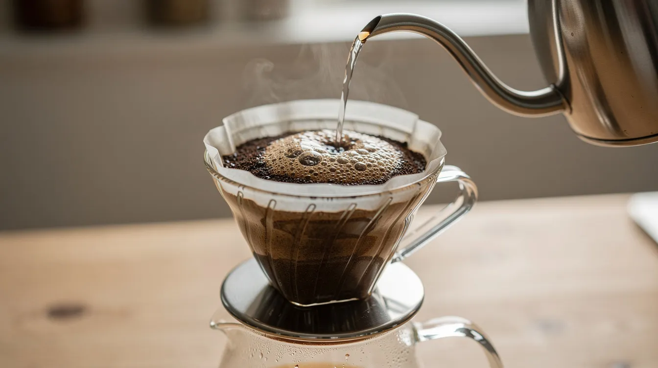 The image shows a glass pour-over coffee dripper with hot water being poured in a slow circular motion over freshly ground coffee, highlighting the brewing method used to extract rich flavors from the coffee grounds. The scene captures the essence of preparing specialty coffee, evoking the aroma and taste that coffee enthusiasts cherish.