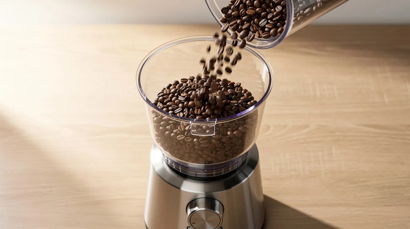 An overhead view captures whole coffee beans being poured into a burr grinder hopper, essential for creating ground coffee that enhances the brewing process for a delicious cup of coffee. This step is crucial for coffee aficionados looking to perfect their brewing methods.