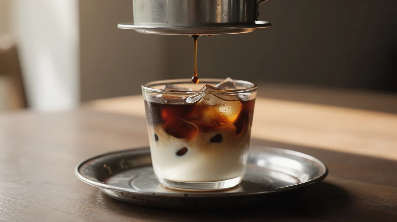 The image depicts a Vietnamese phin filter, slowly dripping dark coffee into a glass filled with ice and sweetened condensed milk, all resting on a small metal tray. This scene reflects the rich coffee culture and brewing traditions of Vietnam, showcasing a beloved beverage that brings people together in social gatherings.