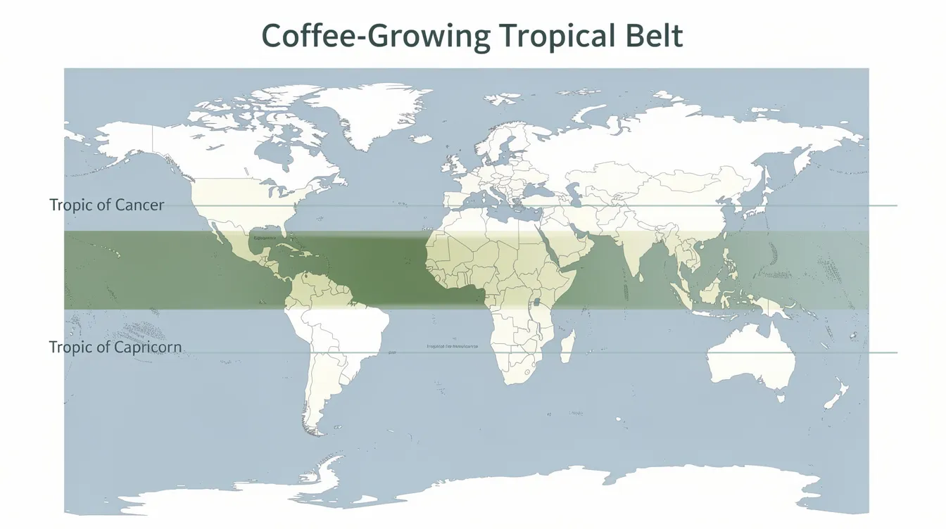 The image displays a world map highlighting the tropical coffee belt zone, marked in green, which spans Central America, South America, Africa, and Southeast Asia, indicating prime regions for coffee cultivation. This area is known for producing high-quality coffee beans, including arabica and robusta varieties, thanks to its perfect climate and rich soil conditions.