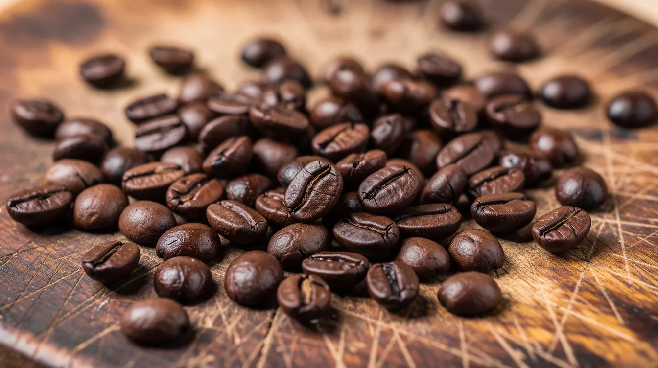 A close-up view of dark roasted coffee beans scattered on a rustic wooden board, showcasing their rich, glossy surface and intense aroma, ideal for coffee lovers seeking the exceptional quality of Jamaican Blue Mountain coffee. The deep brown color and texture highlight the premium brand's commitment to coffee production in the blue mountain region of Jamaica.