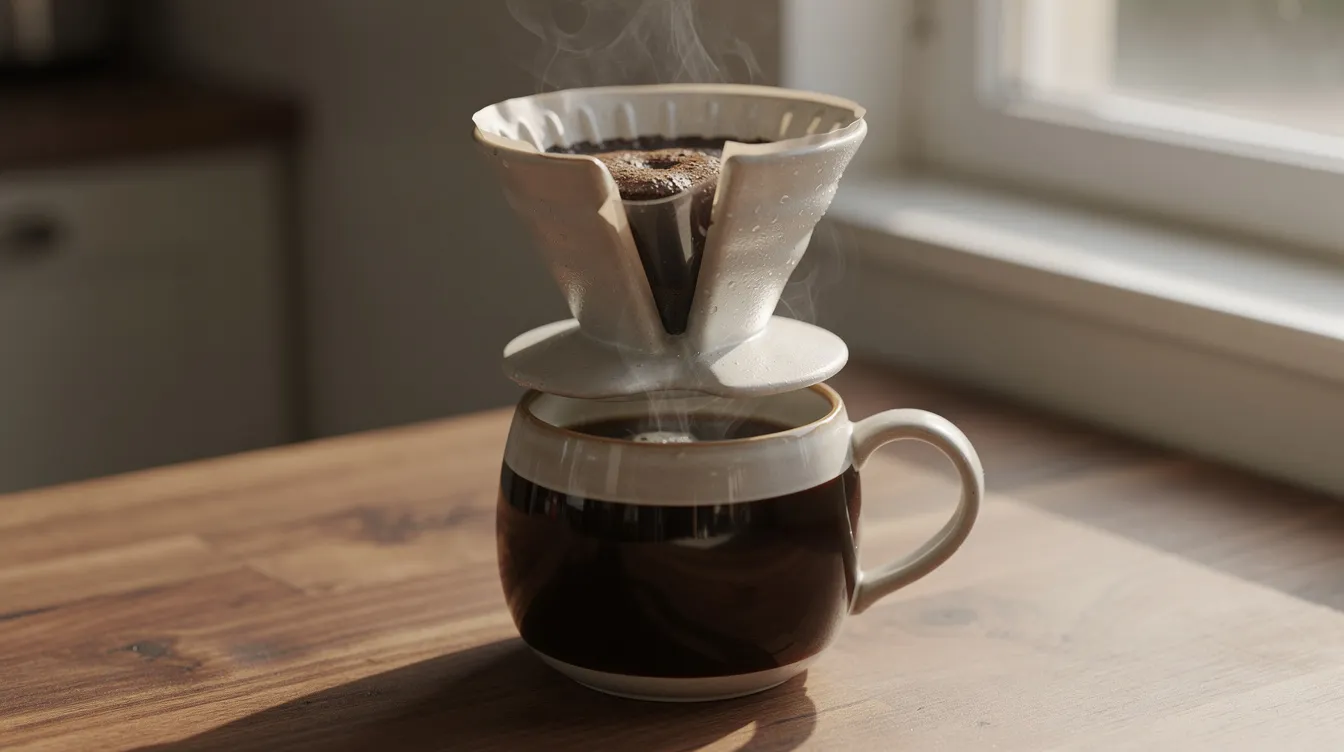 A ceramic pour-over dripper sits on a wooden countertop, with steam rising from a freshly brewed cup of gourmet coffee made from volcanica coffee beans. The scene captures the essence of quality brewing methods, inviting coffee lovers to savor the rich flavors of this smooth, single origin brew.