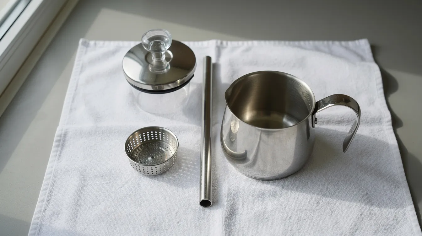 The image displays disassembled parts of a coffee percolator, including the grounds basket, stem tube, and lid, all neatly arranged on a towel. This setup highlights the essential components used in brewing coffee, showcasing the intricate design of a stovetop or electric coffee percolator.