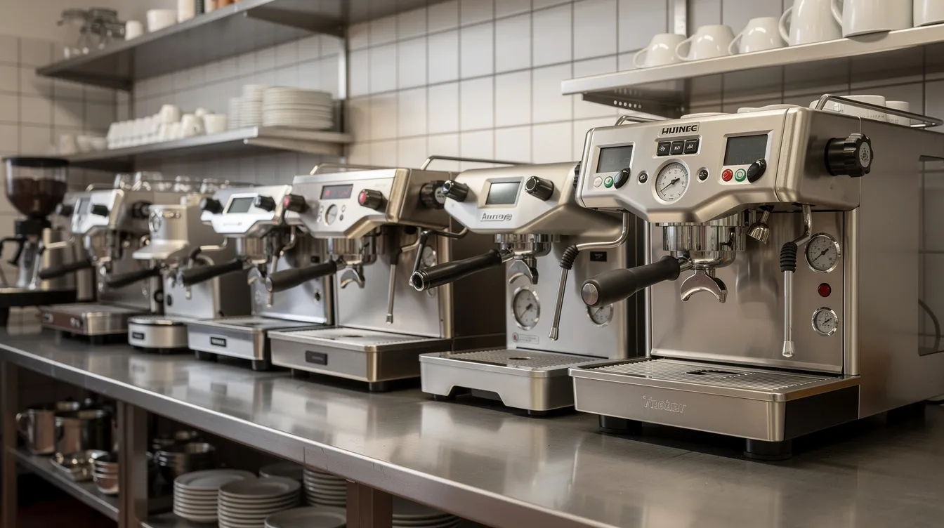 The image features a row of various commercial coffee machines, including traditional espresso machines and cold brew makers, neatly arranged on a stainless steel countertop in a professional kitchen. This setup highlights the essential equipment used by baristas in coffee shops and restaurants to serve flavorful coffee quickly and efficiently.