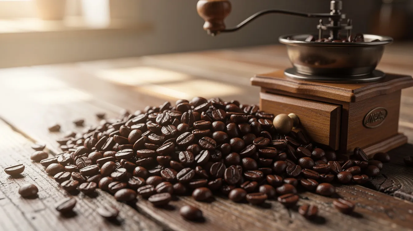 A close-up image shows fresh coffee beans alongside a manual coffee grinder, resting on a wooden kitchen counter. The scene captures the essence of making coffee, highlighting the quality and flavor of the beans ready for grinding.