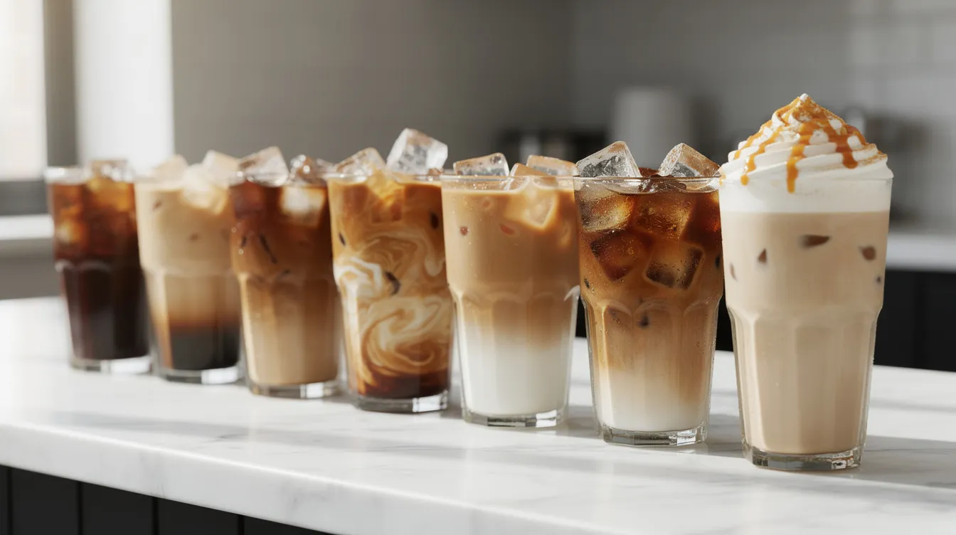 A row of clear glasses showcases a variety of iced coffee drinks, each with unique colors and garnishes, beautifully arranged on a marble countertop. The natural light highlights the refreshing appearance of the beverages, inviting coffee drinkers to savor the flavors of freshly roasted coffee.