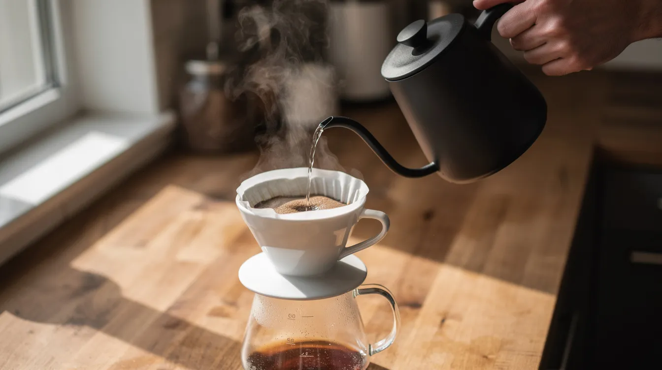 A person is pouring hot water from a stainless steel gooseneck kettle into a ceramic pour-over dripper, set on a wooden counter, as part of the brewing process for a perfect cup of coffee. This pour-over setup highlights the careful attention to detail that coffee drinkers appreciate for achieving great coffee.