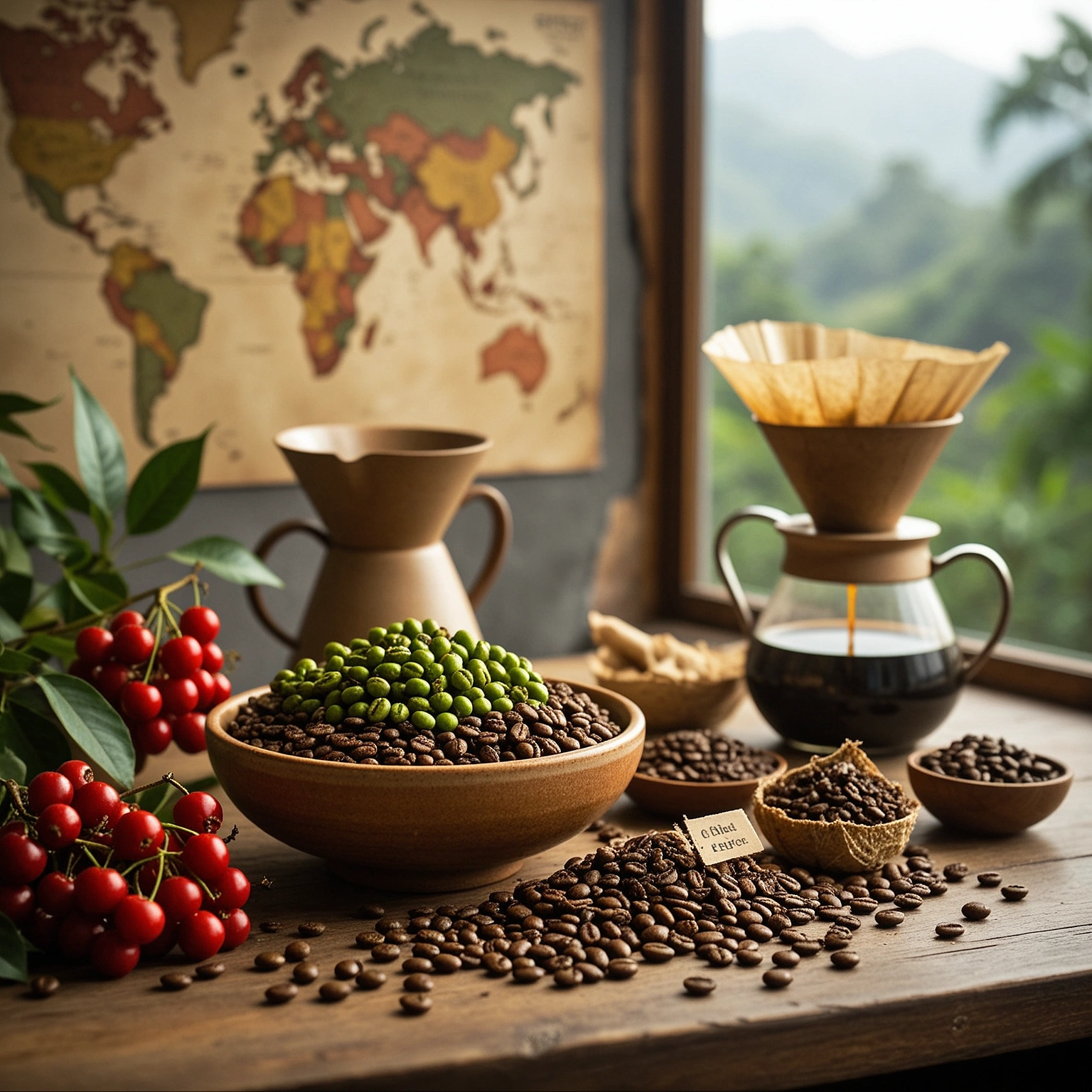 Coffee cherries, roasted beans, and a world map illustrating coffee origins around the globe.