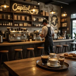A cozy coffeehouse scene with espresso, cappuccino, and iced coffee on a tray, with a softly blurred globe in the background, illustrating coffee culture around the world.