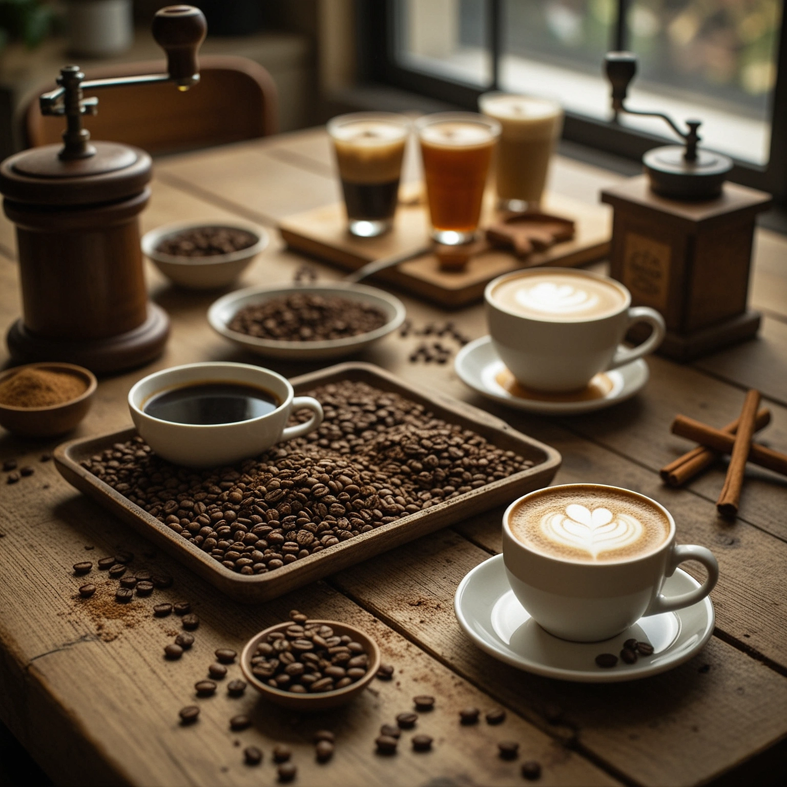 Coffee choices still life: roasted whole beans, black coffee and a latte on a wooden table, with natural sweeteners like honey and cinnamon, illustrating how to choose the right coffee.