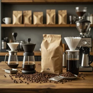 Whole coffee beans, a grinder, and home brewing equipment arranged for buying coffee and supplies.
