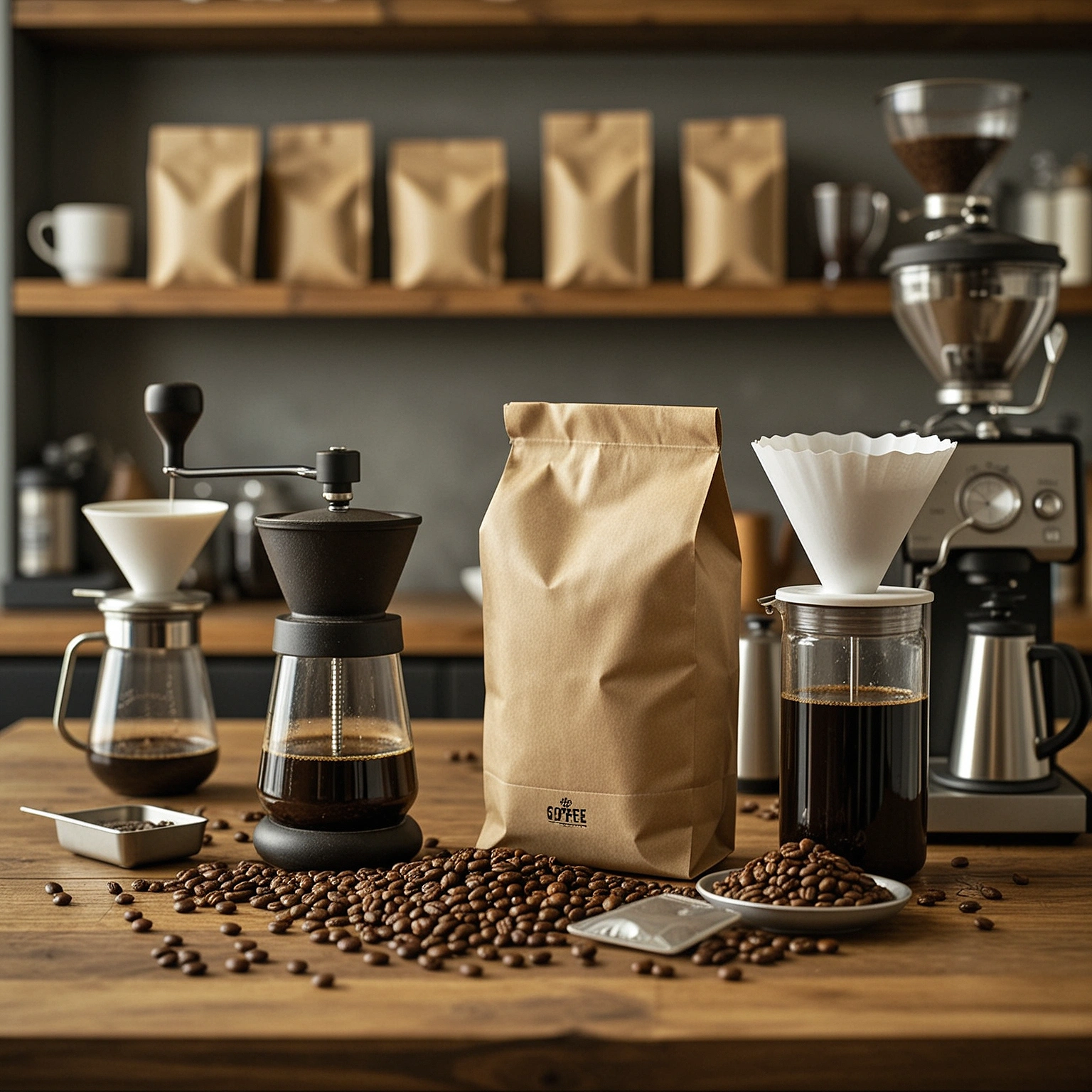 Whole coffee beans, a grinder, and home brewing equipment arranged for buying coffee and supplies.