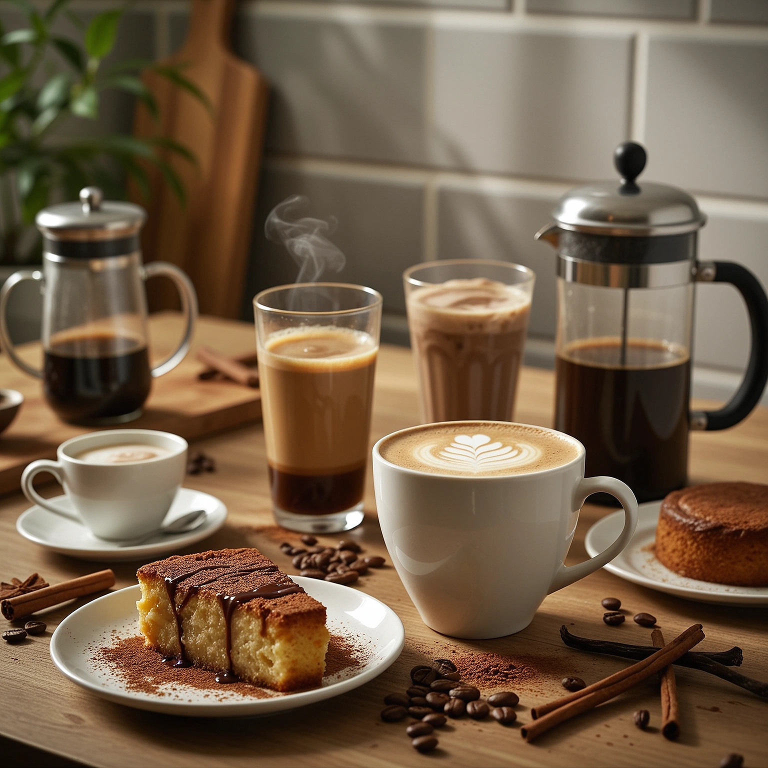 Homemade coffee recipes still life: a latte, iced coffee, espresso, and a slice of coffee cake on a wooden kitchen counter with a French press and milk frother.