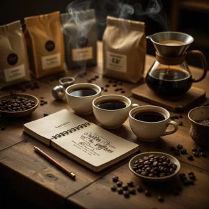 Whole roasted coffee beans and a sealed specialty bag on a wooden table with greenery, illustrating certified coffee and ethical sourcing labels.