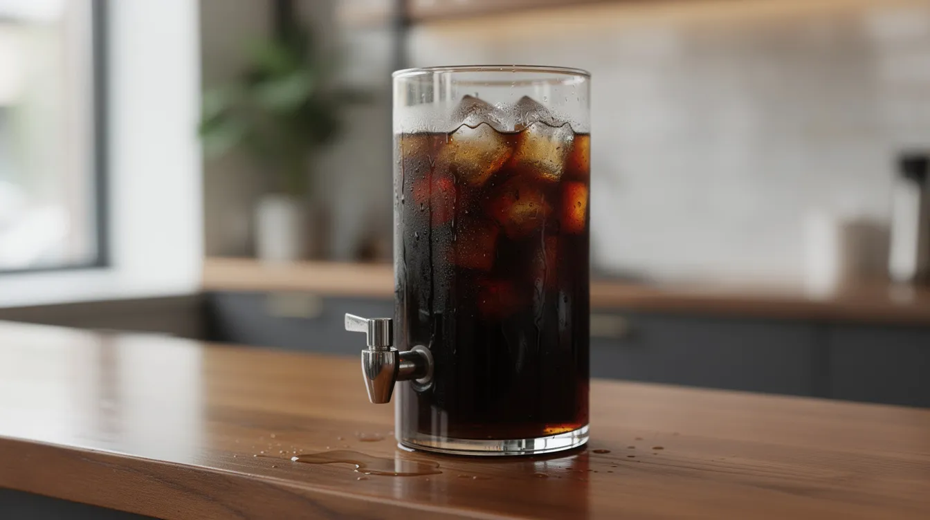 A glass cold brew coffee dispenser filled with dark coffee concentrate and ice sits on a wooden café counter, showcasing a stylish and user-friendly way to serve flavorful coffee in commercial settings like coffee shops and restaurants. This setup highlights the convenience of preparing large batches of cold brew for customers seeking a refreshing drink.