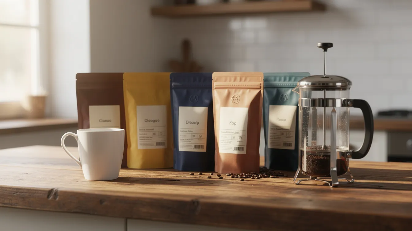 An assortment of coffee bags filled with whole beans and ground coffee is neatly displayed on a rustic wooden kitchen counter, accompanied by a ceramic mug and a French press, ideal for coffee lovers seeking a balanced cup. The scene evokes the essence of the coffee world, showcasing various roast levels and flavors perfect for brewing a rich cup of coffee.