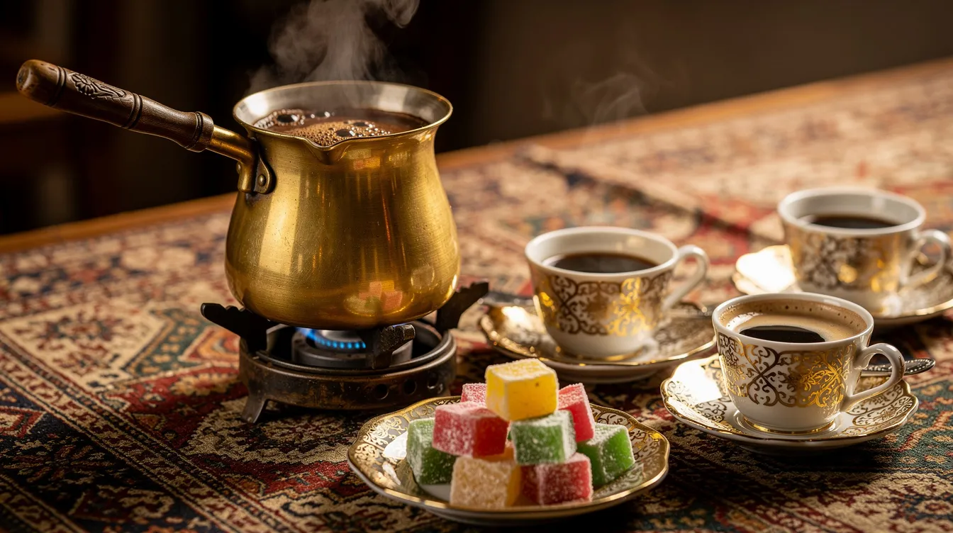 The image features a brass cezve pot on a small burner, accompanied by tiny ornate coffee cups and a plate of Turkish delight, illustrating the rich coffee culture and traditional rituals surrounding Turkish coffee. This scene captures the essence of global coffee traditions and the enjoyment of sharing a beloved beverage in social gatherings.