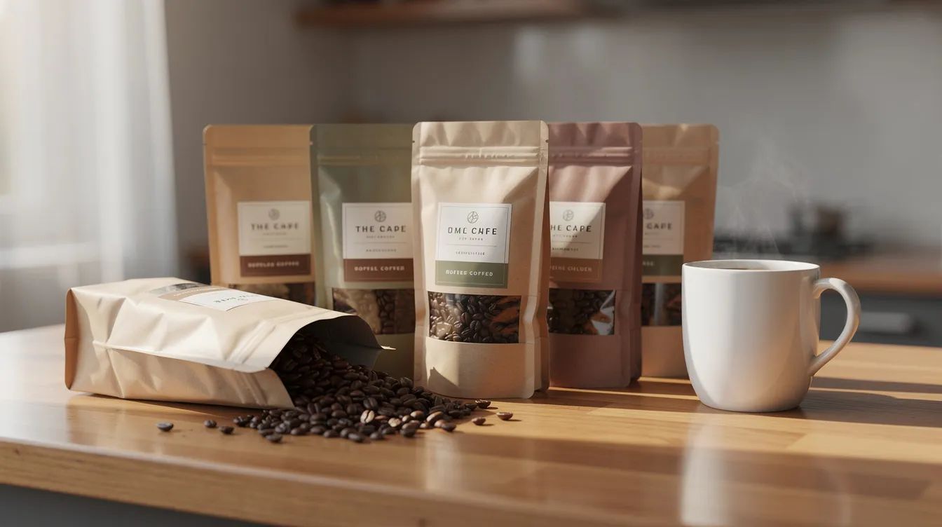 The image features an assortment of bags filled with freshly roasted coffee beans displayed on a wooden kitchen counter, alongside a ceramic mug, highlighting various specialty coffee brands. This arrangement emphasizes the rich variety of coffee options available for coffee drinkers, perfect for brewing a solid cup of coffee.