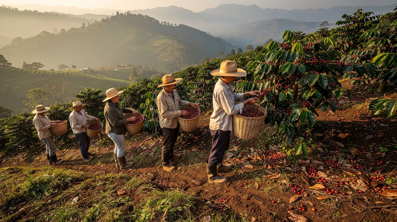 The image shows coffee farmers carefully picking ripe red coffee cherries on a lush hillside plantation, highlighting the labor involved in the coffee supply chain. This scene emphasizes the importance of ethical sourcing and fair trade practices in the coffee industry, ensuring better working conditions and fair wages for producers.