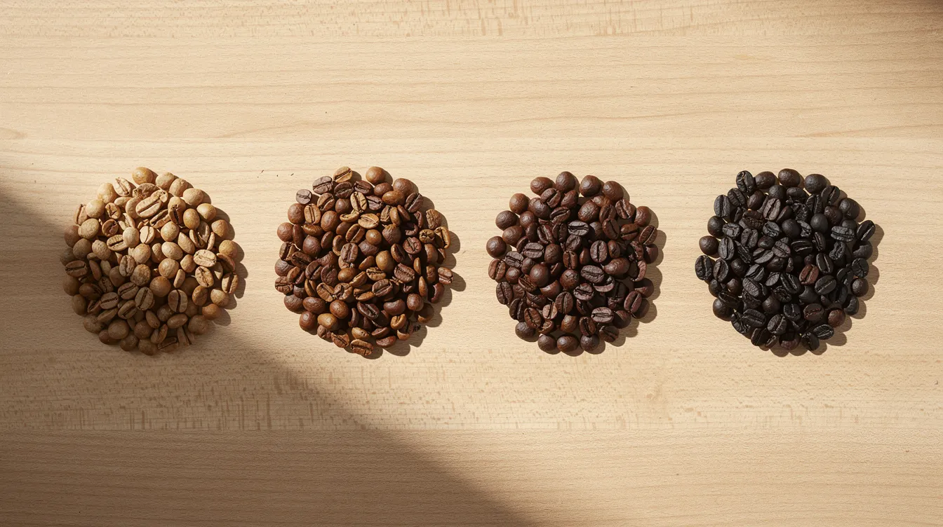 The image displays four distinct varieties of roasted coffee beans, including arabica, robusta, excelsa, and liberica, arranged in small piles on a light wooden surface, highlighting their unique size and color differences. Each type showcases its own characteristics, contributing to the diverse flavor profiles appreciated by coffee enthusiasts.