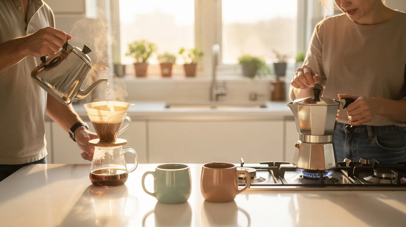 In a bright kitchen, two people are engaged in coffee brewing; one is using a pour over dripper with a paper filter, while the other operates a stovetop moka pot, surrounded by coffee mugs and coffee grounds on the counter. The scene captures the essence of different coffee brewing methods, showcasing a moment of shared coffee preparation.