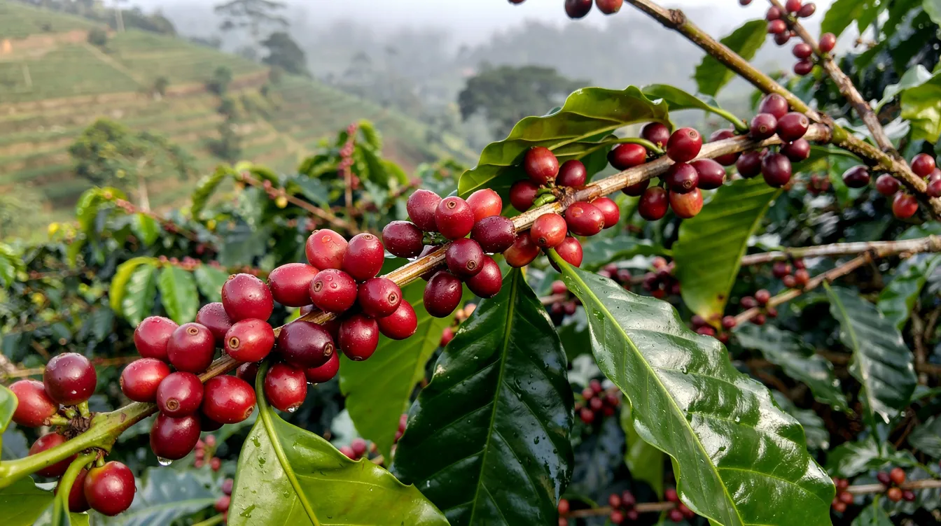 The image shows ripe red coffee cherries clustered on branches in a lush green highland farm, highlighting the vibrant colors and healthy growth of the coffee plant. This setting is essential for producing specialty coffee with complex flavors and bright acidity, showcasing the rich volcanic soil typical of major coffee growing regions like Colombia and Costa Rica.