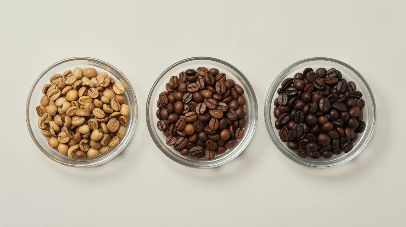 The image features three small glass dishes arranged side by side, each filled with roasted coffee beans of varying shades, from light golden brown to deep dark brown. This visual representation highlights the diversity in roasted coffee, appealing to coffee lovers and showcasing the quality and complexity of specialty coffee beans.