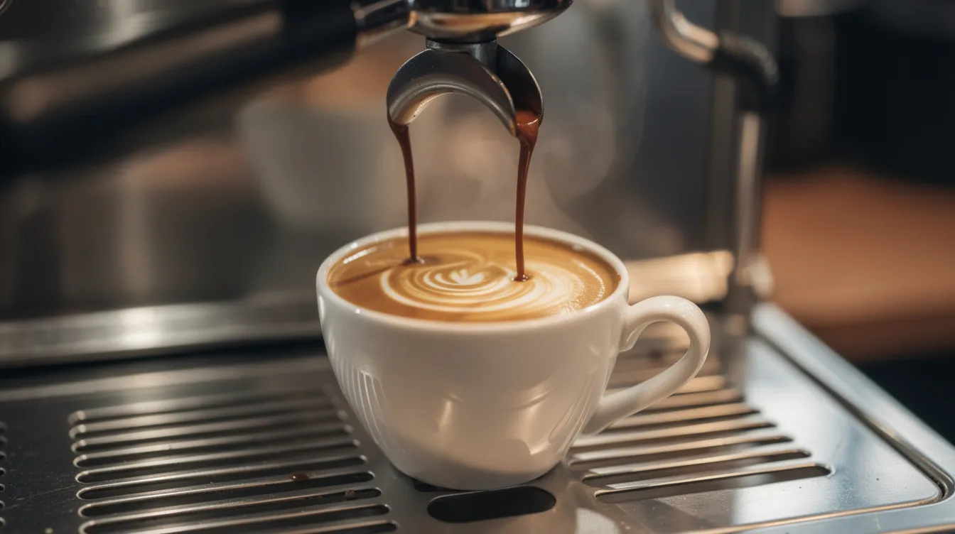 A double shot of rich, dark roast espresso is being poured into a white ceramic cup, showcasing the bold flavor and crema on top, while resting on a machine drip tray. The aroma of fresh roasted coffee fills the air, hinting at the quality beans used in this specialty drink.