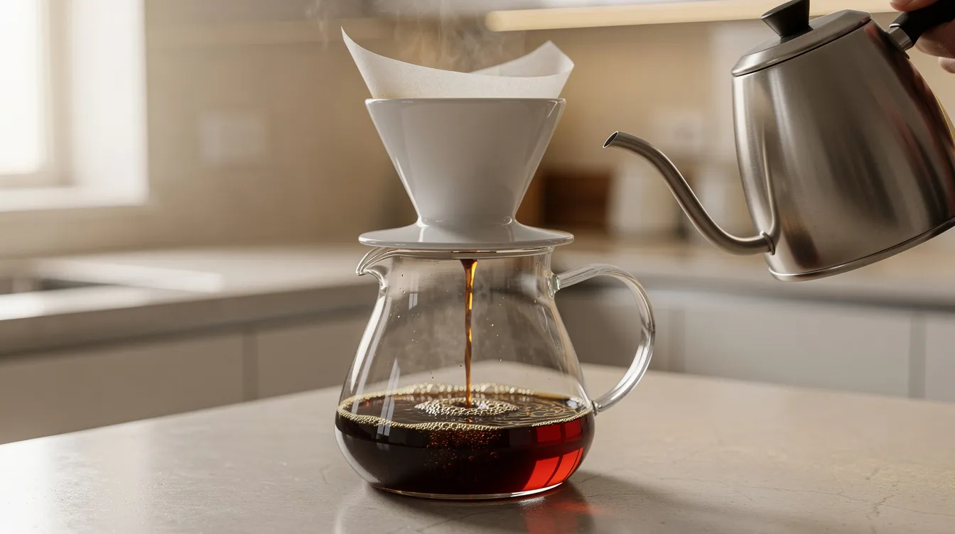 A pour-over brewing setup is displayed on a kitchen counter, featuring a glass carafe, a paper filter, and a gooseneck kettle, perfect for coffee lovers seeking to extract delicate flavors from their favorite coffee beans. This meticulous brewing method enhances the aroma and taste of the coffee, making it an ideal choice for those who appreciate great coffee.