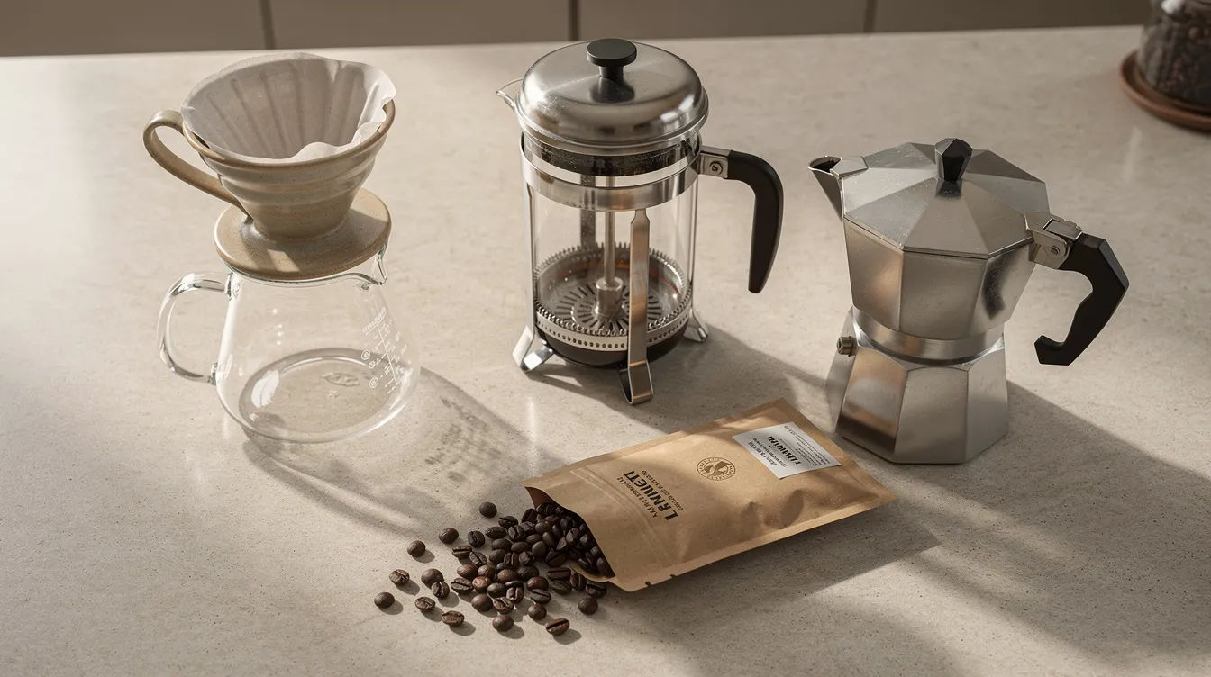 An overhead view of a kitchen counter showcases a ceramic pour over dripper, a French press, and a small stovetop moka pot, all positioned next to a bag of high-quality coffee beans. This arrangement highlights the essential tools for coffee lovers to brew exceptional coffees, emphasizing the coffee culture and the careful brewing methods that enhance the flavour complexity of freshly roasted coffee.