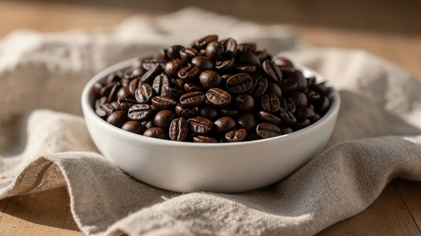 A close-up view of dark whole roasted coffee beans nestled in a ceramic bowl, resting on a textured linen cloth. The glossy surface of the beans highlights their rich, full-bodied profile, perfect for coffee drinkers who appreciate the best coffee and its deep chocolate notes.