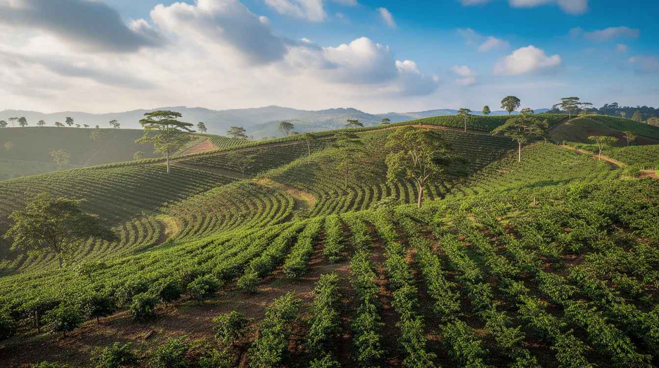 The image depicts a lush coffee plantation on rolling green hills, featuring neatly arranged rows of coffee trees under a partly cloudy sky. The scene highlights the vibrant landscape where coffee beans are cultivated, showcasing the importance of this specialty coffee region.
