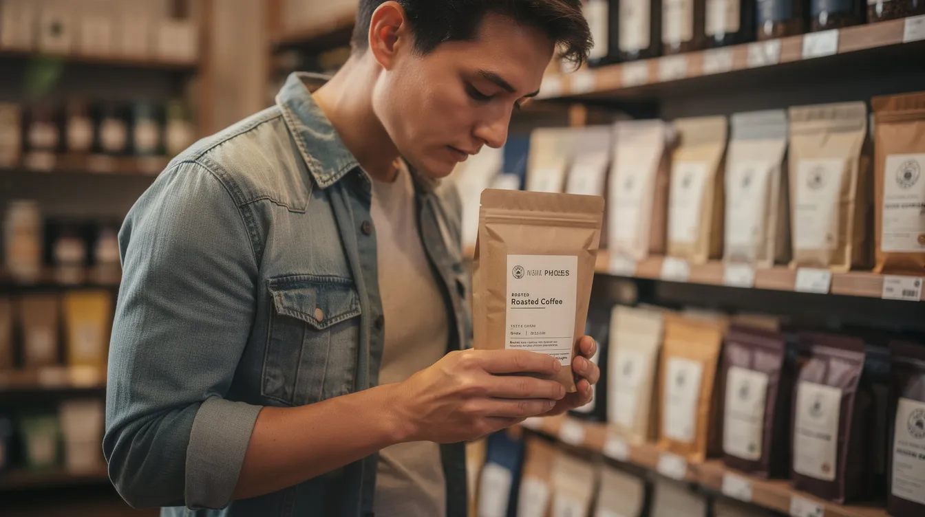 A person is closely examining a bag of roasted coffee in a store, focusing on the label that highlights its fair trade and organic certifications. This scene emphasizes the importance of ethical sourcing and transparent labeling in the coffee industry for informed coffee drinkers.