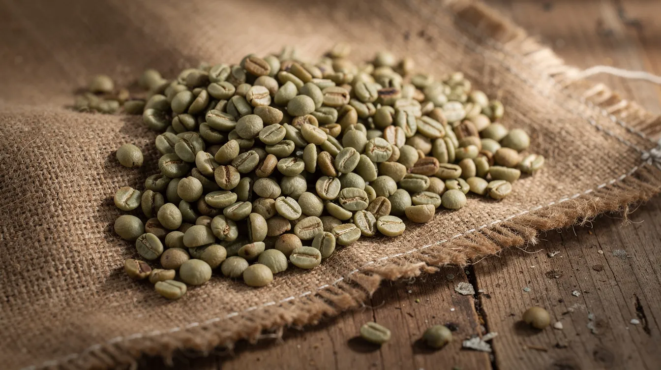 The image features green coffee beans spread across a burlap sack on a wooden table, highlighting the raw state of coffee before processing. These beans represent the beginning of the coffee supply chain, often linked to fair trade and organic certifications that ensure ethical sourcing and better working conditions for coffee farmers.