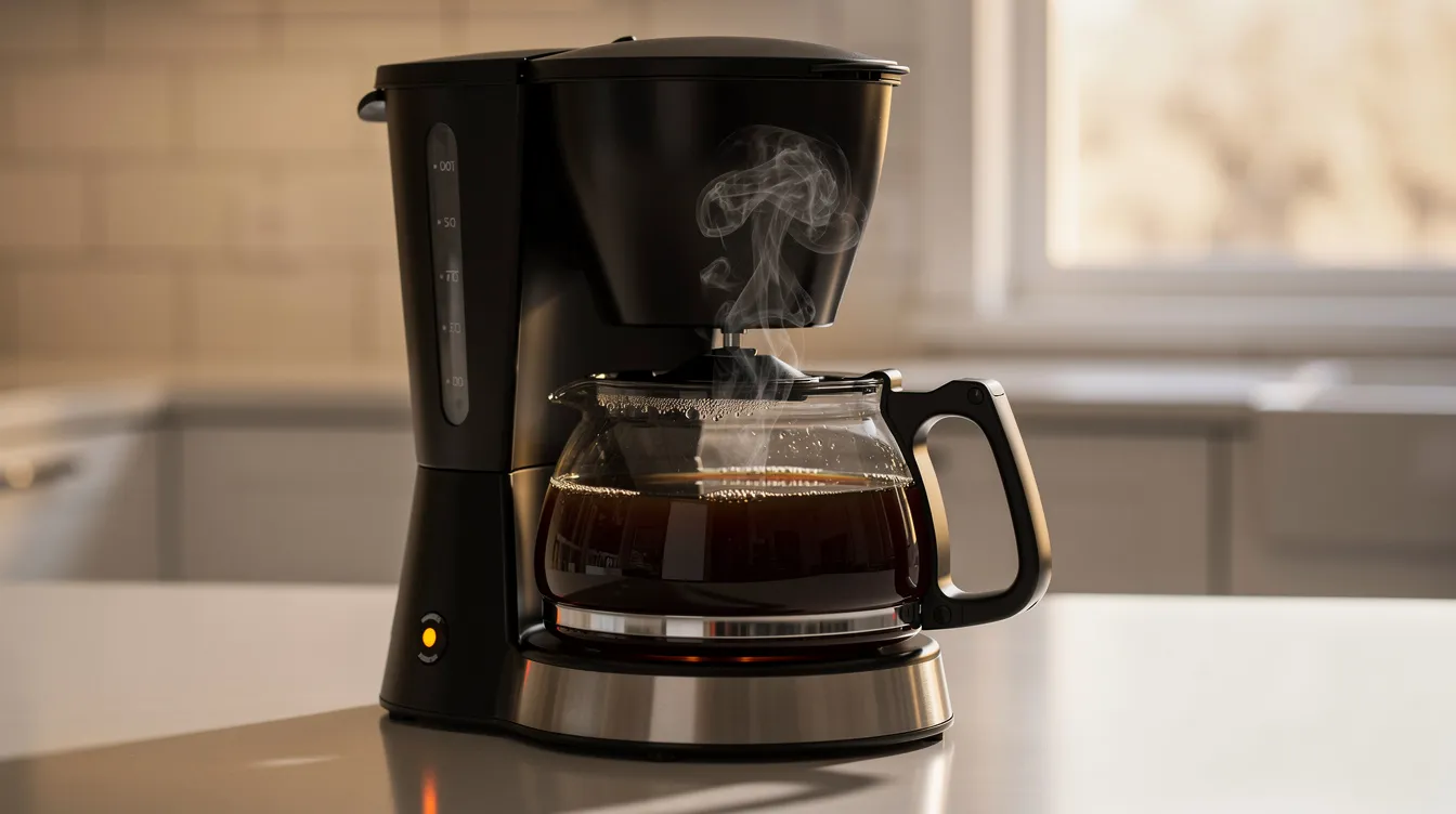 A drip coffee maker sits on a kitchen counter, with steam rising from a freshly brewed pot of coffee, indicating the brewing process has produced a delicious cup ready to enjoy. The aroma of roasted coffee beans fills the air, inviting coffee aficionados to drink coffee at home.