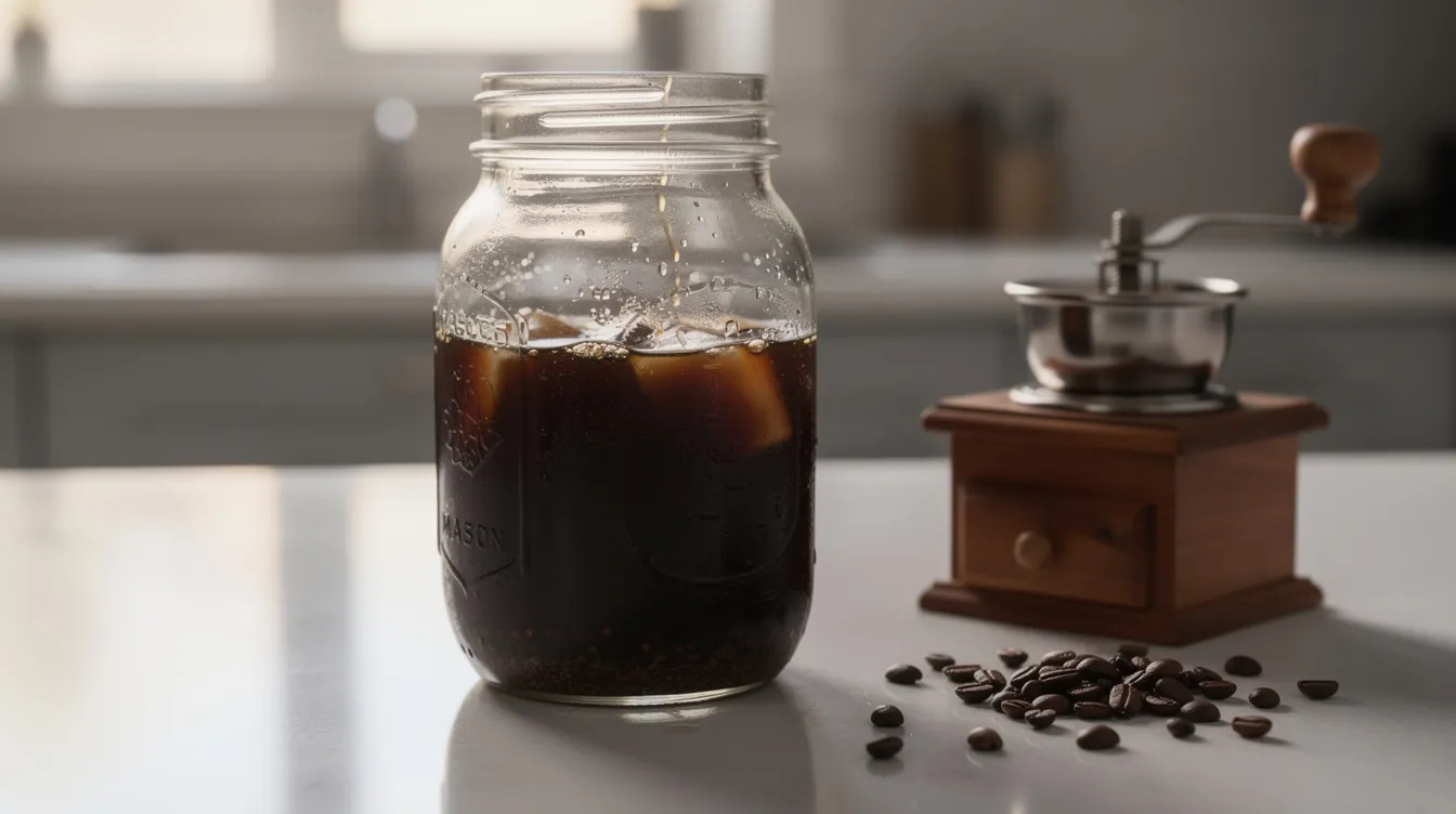 A mason jar filled with dark cold brew coffee is steeping on a kitchen counter, accompanied by a manual burr grinder used for coarsely ground coffee beans. The setup suggests a home brewing scene focused on creating smooth cold brew concentrate.