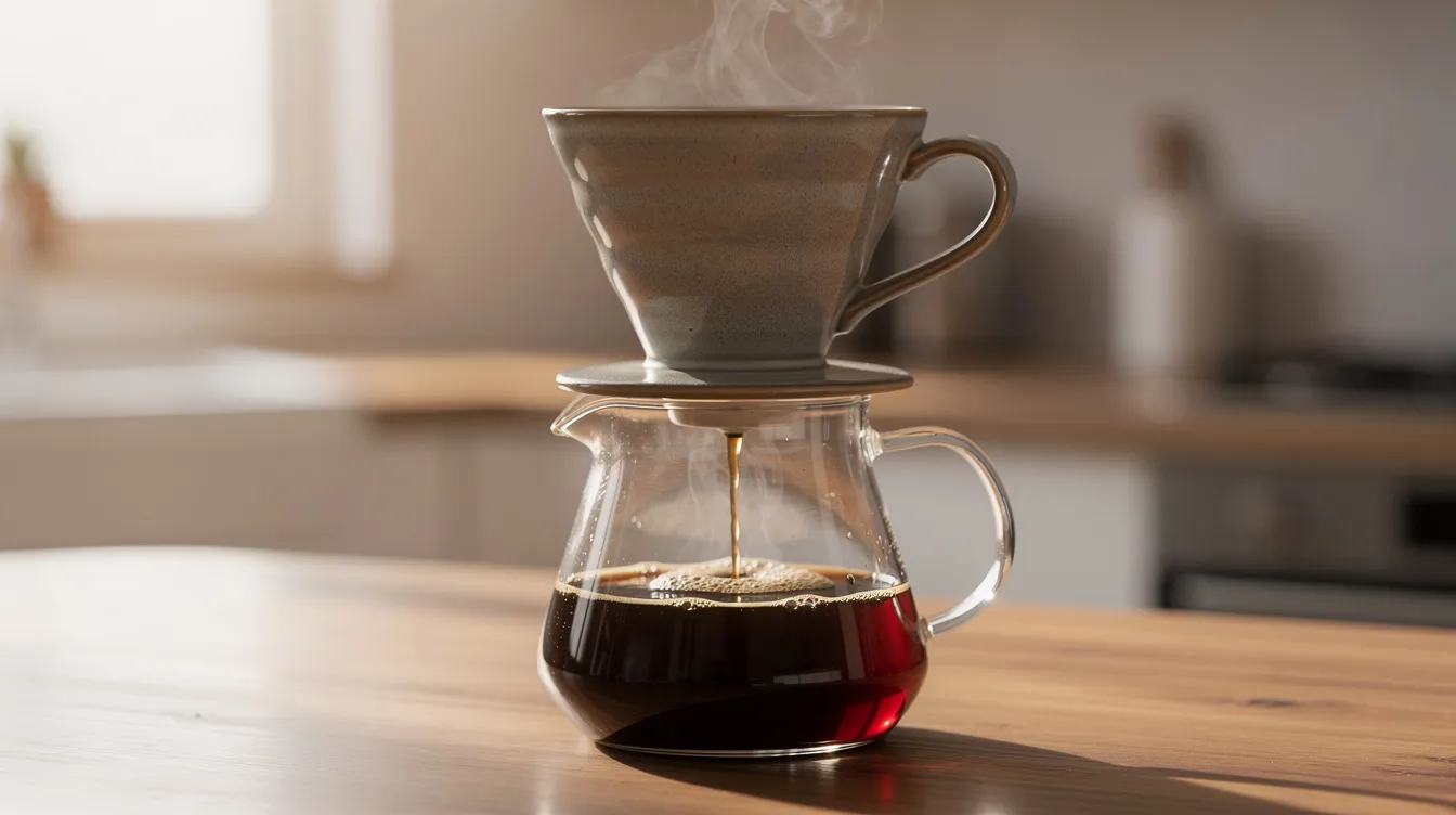 A ceramic pour-over dripper rests atop a glass carafe, with steam rising from the freshly brewed Jamaican Blue Mountain coffee, known for its rich aroma and smooth flavor. The scene captures the essence of coffee preparation, highlighting the delicate balance of brewing that coffee lovers appreciate.