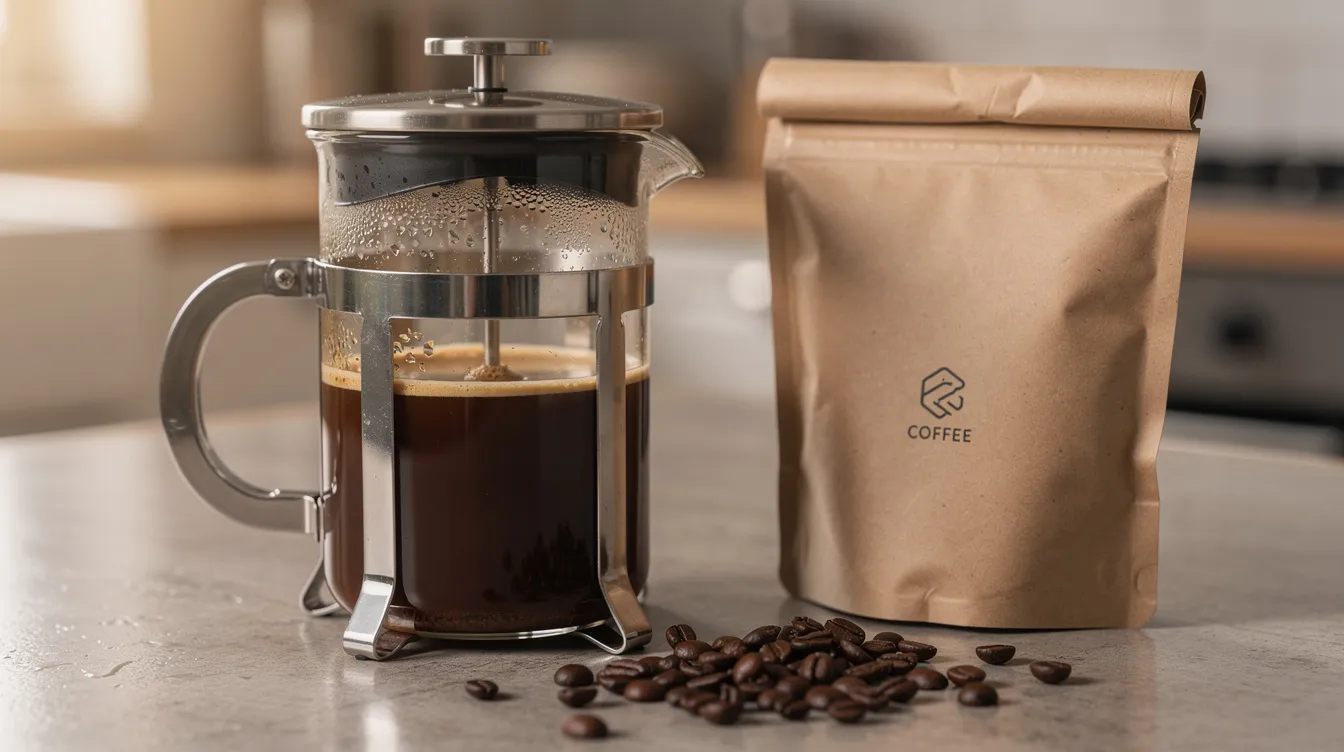 A glass French press filled with freshly brewed dark coffee sits on a kitchen counter beside a bag of whole coffee beans, showcasing a popular coffee brewing method. The rich aroma of the strong coffee hints at the brewing process that has just taken place.