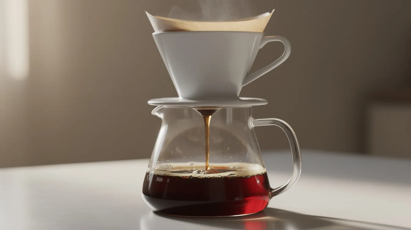 A ceramic pour-over dripper is positioned atop a glass carafe, with dark coffee streaming through the filter into the vessel below, showcasing the brewing method for a smooth cup of black coffee. This setup highlights the art of coffee brewing, perfect for coffee drinkers who prefer to enjoy their medium roast or dark roast coffee black.
