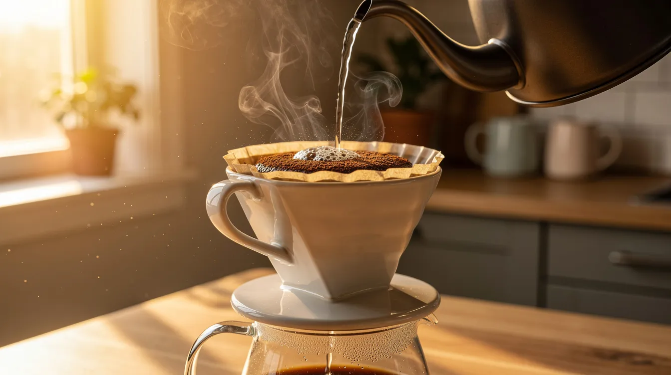 A pour-over coffee dripper sits on a counter as hot water is poured over freshly ground coffee, releasing steam in the soft morning light. The scene captures the essence of brewing a flavorful cup of coffee, highlighting the rich aromas of freshly roasted beans.