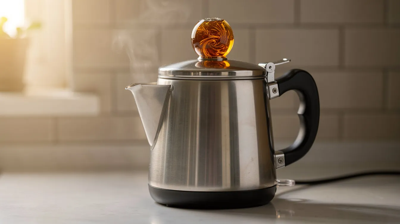 An electric coffee percolator sits on a kitchen countertop, featuring a glass knob that reveals amber-colored brewed coffee. The percolator is designed for making good percolator coffee, showcasing the brewing process with steam and the aroma of freshly ground beans.