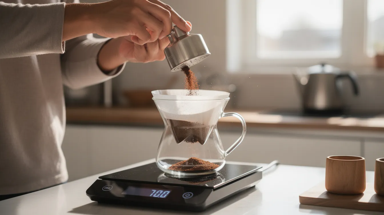 A person is pouring freshly ground coffee from a hand grinder into a pour-over filter placed on a kitchen scale, emphasizing the importance of using high-quality coffee beans for the perfect cup. The scene highlights the brewing method and the care taken in preparing fresh coffee at home.