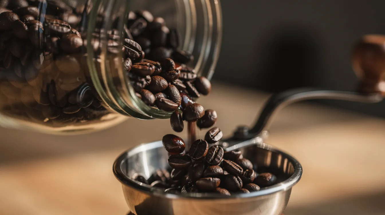 A close-up view captures dark roasted coffee beans being poured from a glass jar into a hand grinder, showcasing the rich, flavorful essence of freshly roasted beans. This image highlights the process of preparing specialty coffee for a delicious cup, emphasizing the quality and freshness of the roasted coffee.