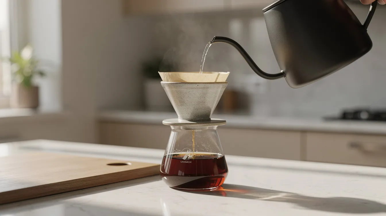 A pour-over coffee setup is displayed on a kitchen counter, featuring a sleek gooseneck kettle and a glass carafe ready to brew high-quality coffee. This setup is ideal for coffee drinkers who appreciate specialty coffee and want to enjoy the unique flavor profiles of freshly roasted coffee beans.
