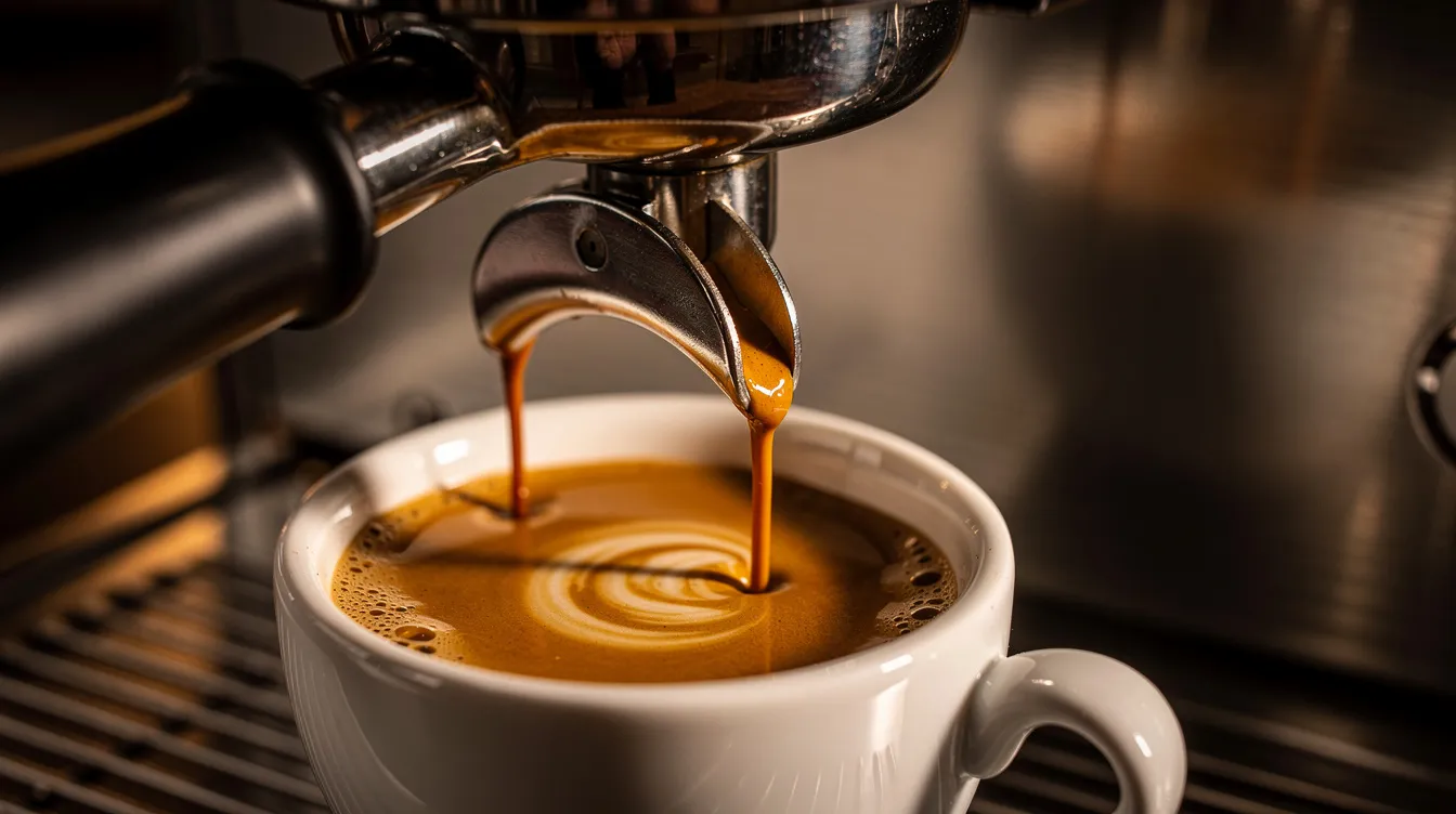 A close-up view captures the rich golden crema forming atop freshly extracted espresso from a portafilter, showcasing the bold flavors typical of high-quality coffee. This image highlights the art of coffee brewing, reflecting the craftsmanship behind specialty roasters and the use of premium coffee beans, such as those from Guatemala's renowned coffee growing regions.