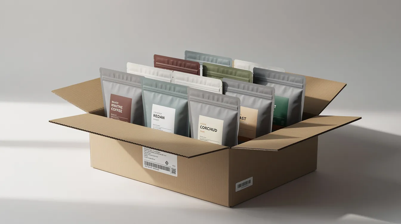An open box reveals neatly arranged bags of freshly delivered Volcanica coffee, showcasing a variety of gourmet coffee options for coffee lovers. A visible shipping label adds a touch of authenticity to this delightful assortment of quality coffee beans.